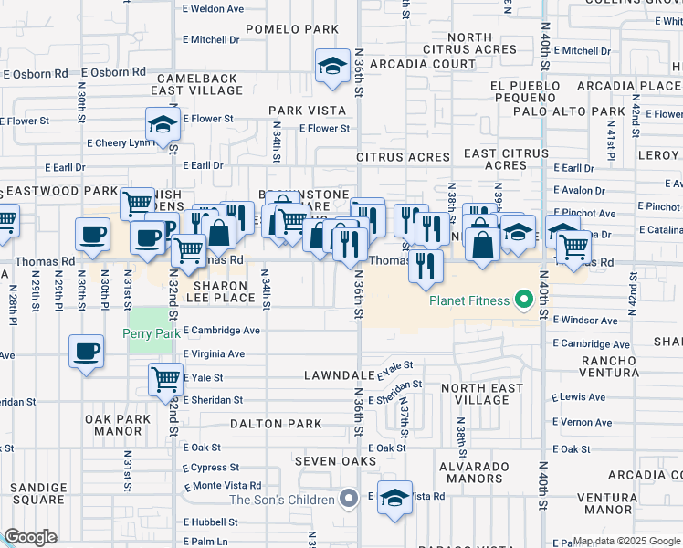 map of restaurants, bars, coffee shops, grocery stores, and more near 2835 N 35th Pl in Phoenix