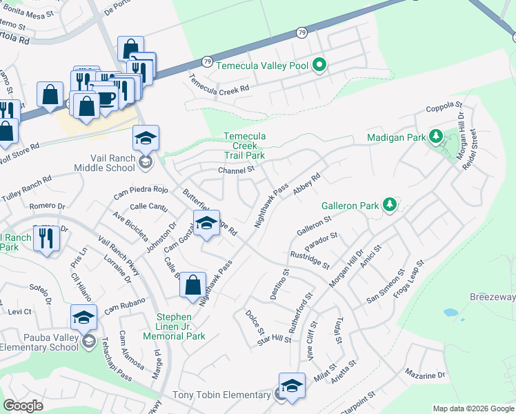 map of restaurants, bars, coffee shops, grocery stores, and more near 44454 Kingston Drive in Temecula