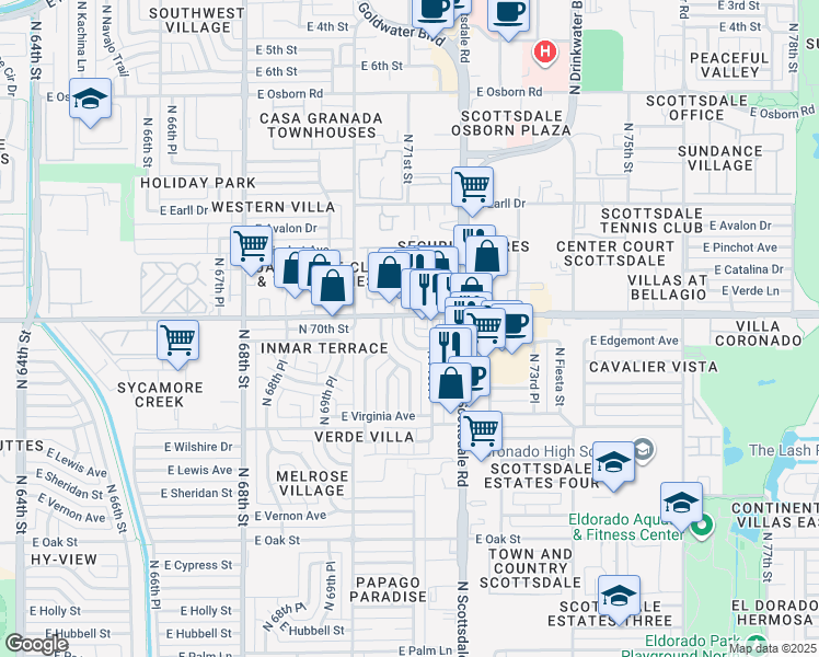 map of restaurants, bars, coffee shops, grocery stores, and more near 2837 North 71st Place in Scottsdale
