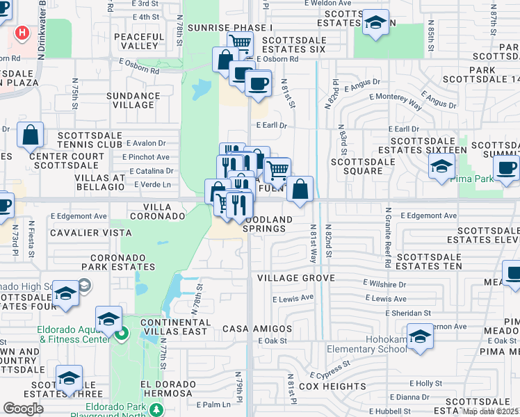 map of restaurants, bars, coffee shops, grocery stores, and more near 7950 East Thomas Road in Scottsdale