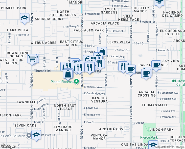 map of restaurants, bars, coffee shops, grocery stores, and more near 4119 East Thomas Road in Phoenix