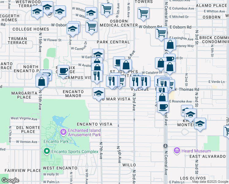 map of restaurants, bars, coffee shops, grocery stores, and more near 521 West Thomas Road in Phoenix