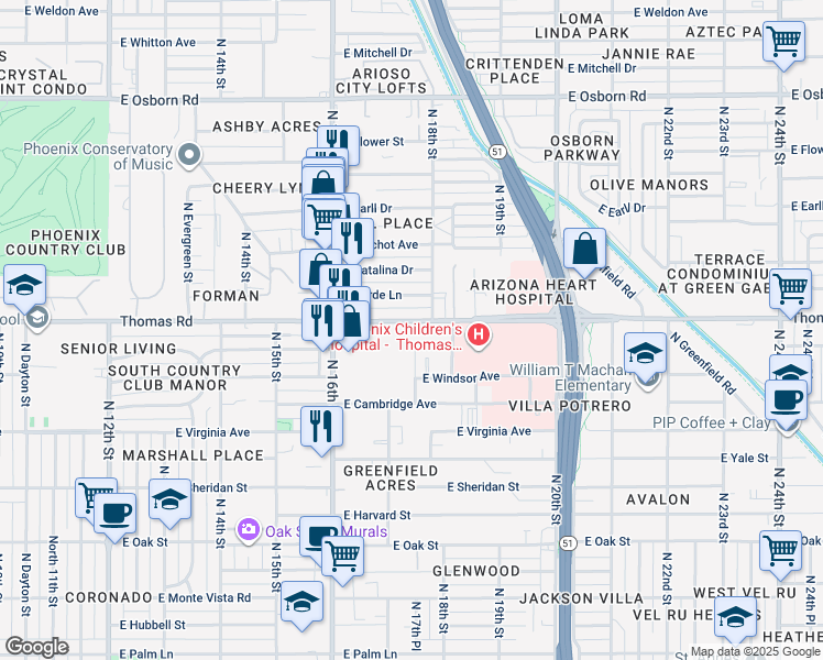 map of restaurants, bars, coffee shops, grocery stores, and more near 1741 East Thomas Road in Phoenix