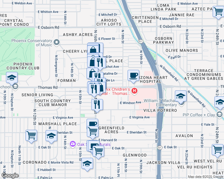 map of restaurants, bars, coffee shops, grocery stores, and more near 1701 East Thomas Road in Phoenix