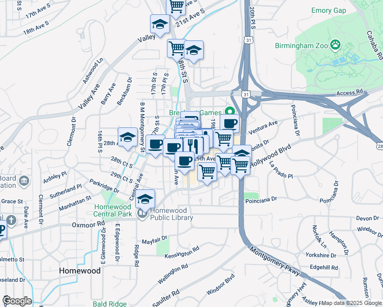 map of restaurants, bars, coffee shops, grocery stores, and more near 2835 18th Street South in Homewood