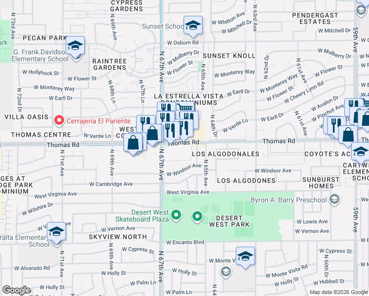 map of restaurants, bars, coffee shops, grocery stores, and more near 6601 West Thomas Road in Phoenix