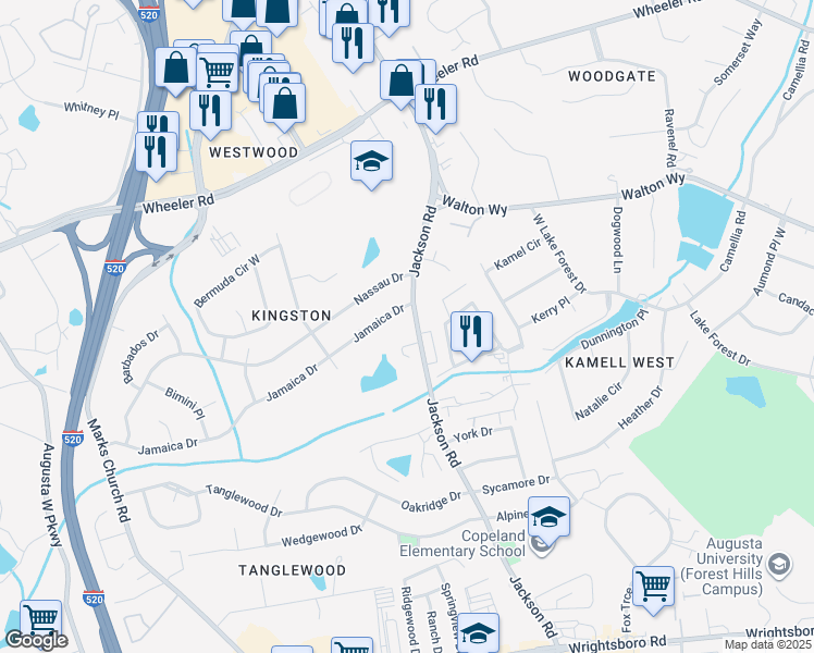 map of restaurants, bars, coffee shops, grocery stores, and more near 3104 Olde Brownstone Court in Augusta
