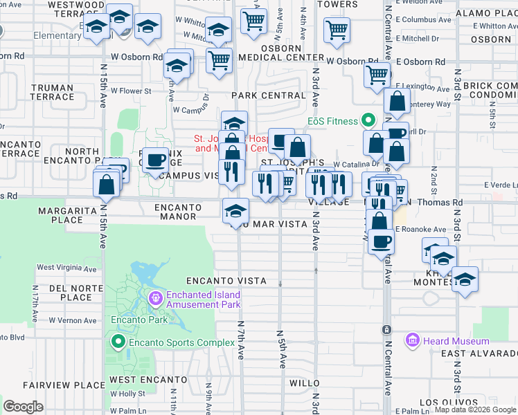 map of restaurants, bars, coffee shops, grocery stores, and more near 521 West Thomas Road in Phoenix