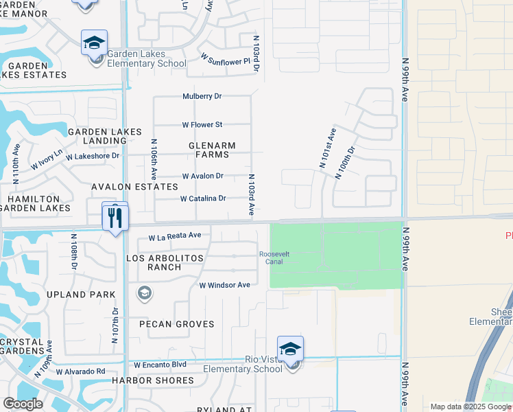 map of restaurants, bars, coffee shops, grocery stores, and more near 2921 North 103rd Avenue in Avondale