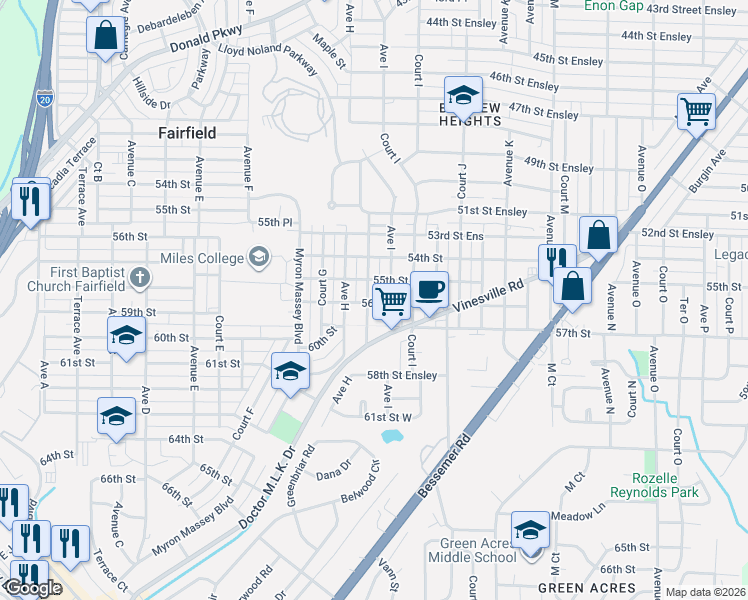 map of restaurants, bars, coffee shops, grocery stores, and more near 5521 Court H in Birmingham
