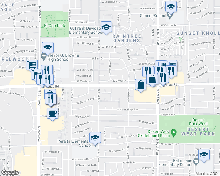 map of restaurants, bars, coffee shops, grocery stores, and more near 2844 North 70th Avenue in Phoenix