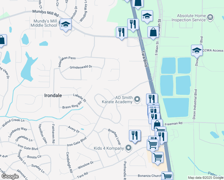 map of restaurants, bars, coffee shops, grocery stores, and more near 10076 Silent Trail in Jonesboro