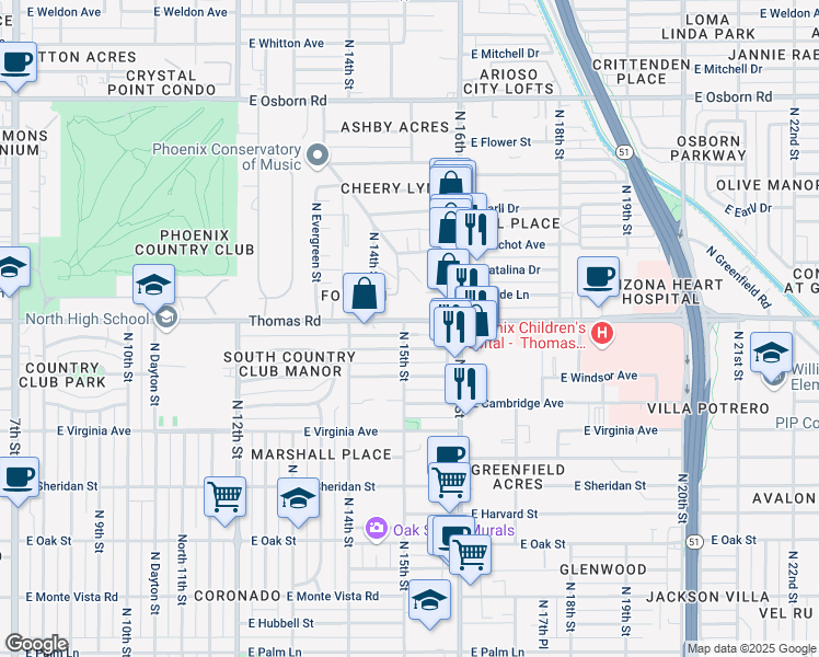 map of restaurants, bars, coffee shops, grocery stores, and more near 1 East Washington Street in Phoenix
