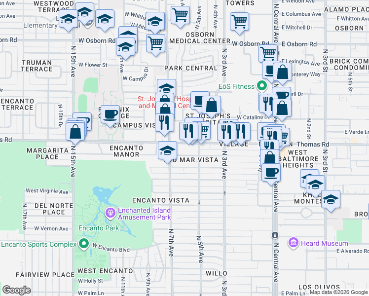map of restaurants, bars, coffee shops, grocery stores, and more near 535 West Thomas Road in Phoenix