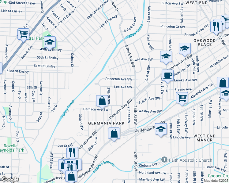 map of restaurants, bars, coffee shops, grocery stores, and more near 615 26th Street Southwest in Birmingham