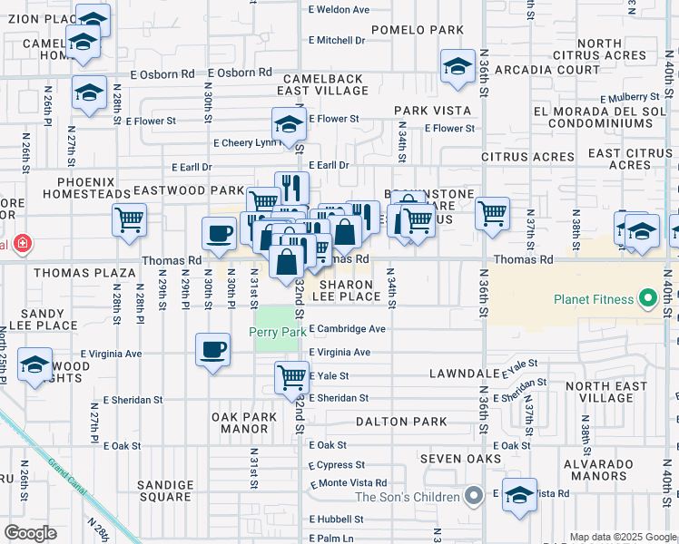 map of restaurants, bars, coffee shops, grocery stores, and more near 2835 North 32nd Place in Phoenix