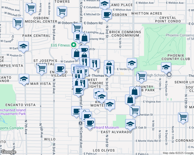 map of restaurants, bars, coffee shops, grocery stores, and more near 55 East Thomas Road in Phoenix
