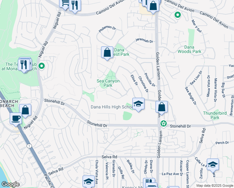 map of restaurants, bars, coffee shops, grocery stores, and more near 24432 Antilles Way in Dana Point