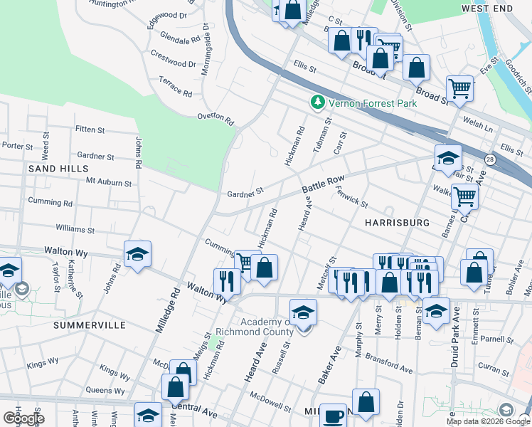 map of restaurants, bars, coffee shops, grocery stores, and more near 705 Hickman Road in Augusta
