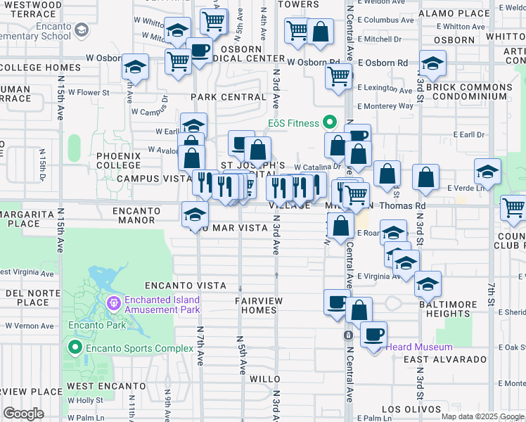map of restaurants, bars, coffee shops, grocery stores, and more near 307 West Thomas Road in Phoenix