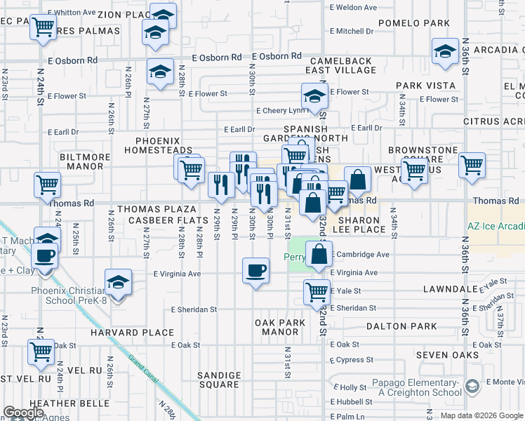 map of restaurants, bars, coffee shops, grocery stores, and more near in Phoenix