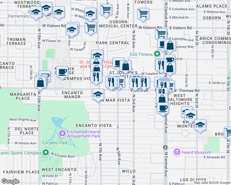 map of restaurants, bars, coffee shops, grocery stores, and more near 503 West Thomas Road in Phoenix