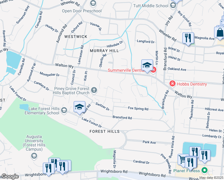 map of restaurants, bars, coffee shops, grocery stores, and more near 3102 Bussey Road in Augusta