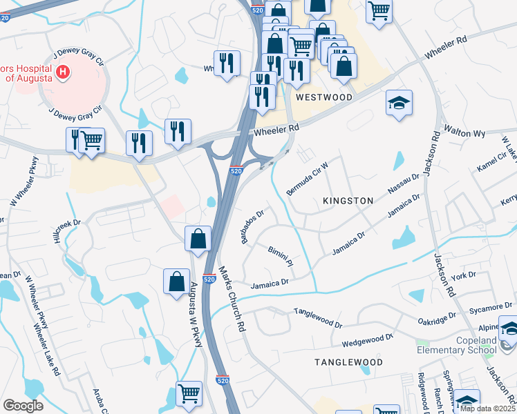 map of restaurants, bars, coffee shops, grocery stores, and more near 3603 Barbados Dr in Augusta