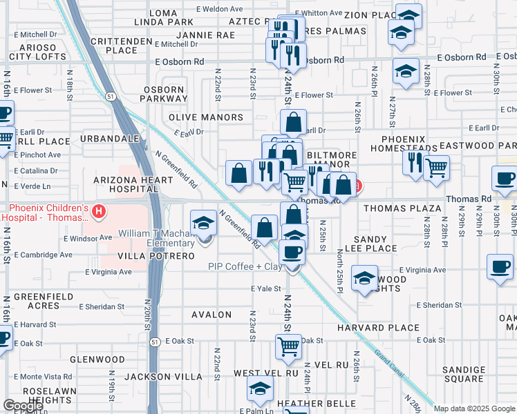 map of restaurants, bars, coffee shops, grocery stores, and more near 2323 East Thomas Road in Phoenix