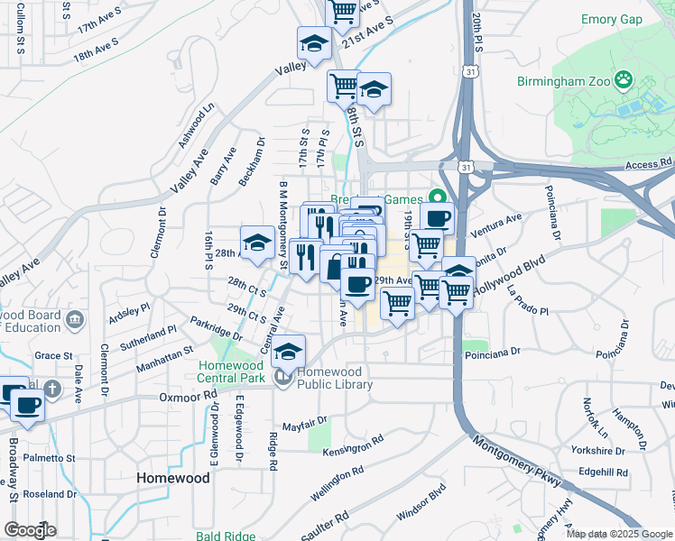 map of restaurants, bars, coffee shops, grocery stores, and more near 2814 Linden Avenue in Homewood