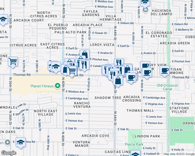 map of restaurants, bars, coffee shops, grocery stores, and more near 4231 East Thomas Road in Phoenix