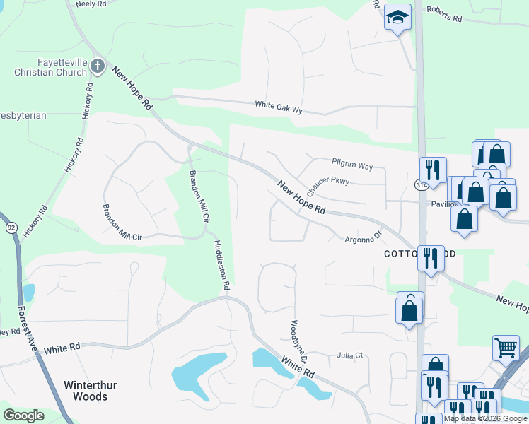 map of restaurants, bars, coffee shops, grocery stores, and more near 230 Normandy Drive in Fayetteville
