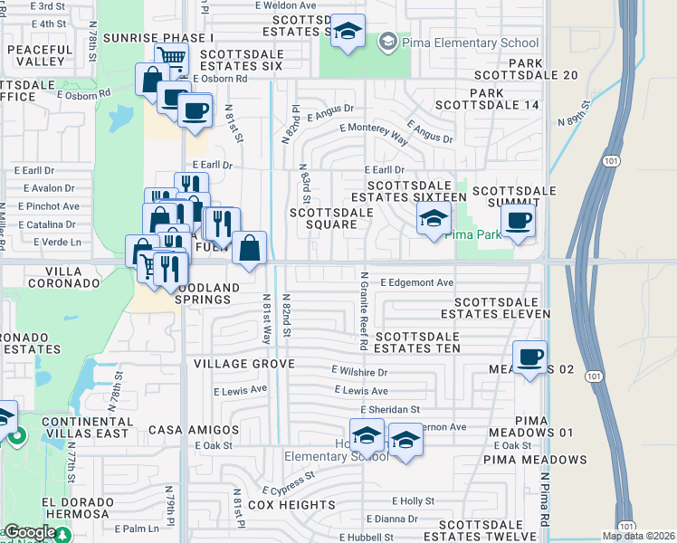 map of restaurants, bars, coffee shops, grocery stores, and more near 8331 East Thomas Road in Scottsdale