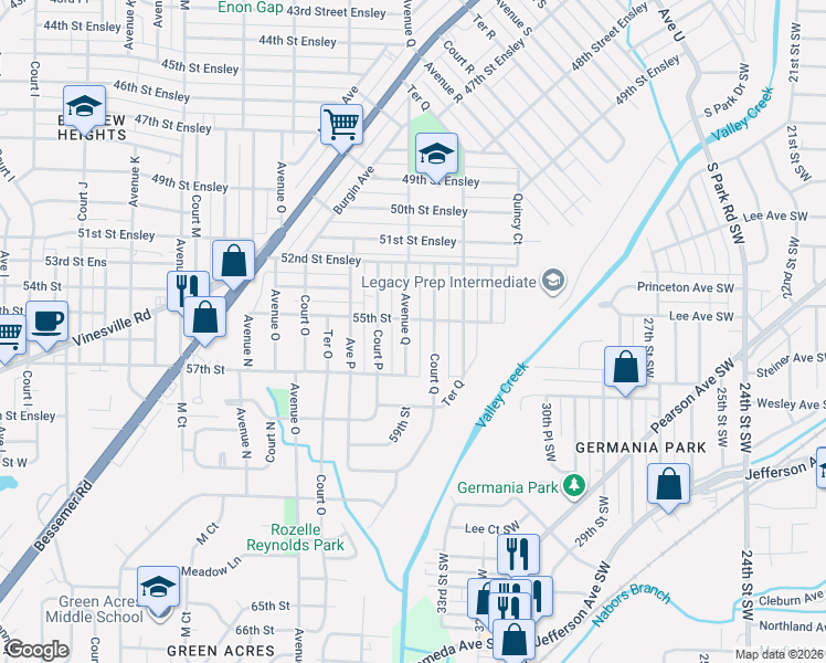 map of restaurants, bars, coffee shops, grocery stores, and more near 5509 Avenue Q in Birmingham