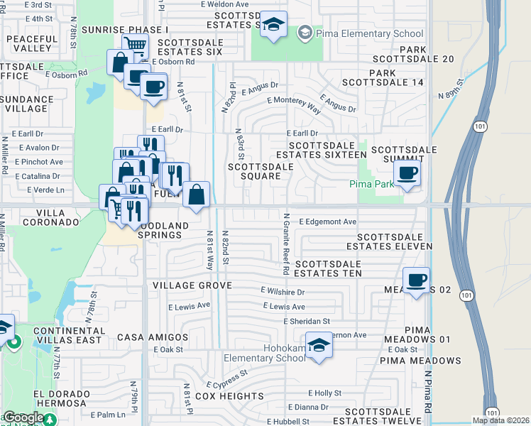 map of restaurants, bars, coffee shops, grocery stores, and more near 8331 East Thomas Road in Scottsdale