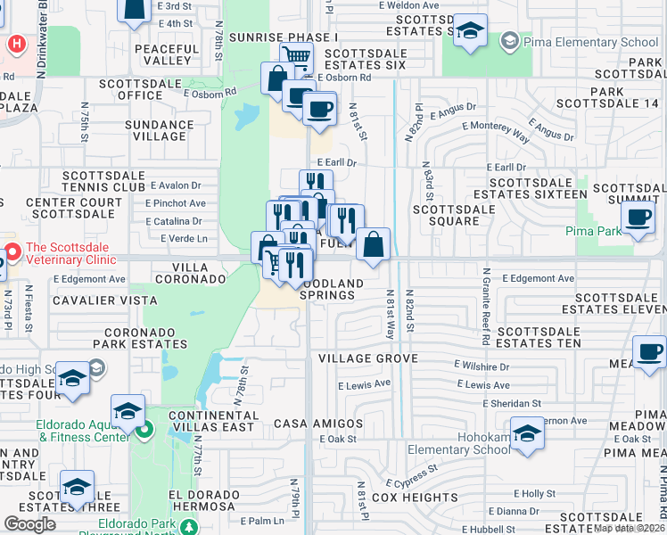 map of restaurants, bars, coffee shops, grocery stores, and more near 8055 East Thomas Road in Scottsdale