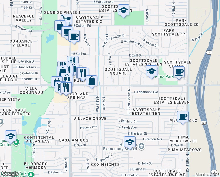 map of restaurants, bars, coffee shops, grocery stores, and more near 8243 East Thomas Road in Scottsdale