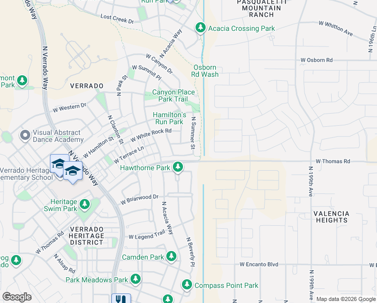 map of restaurants, bars, coffee shops, grocery stores, and more near 20402 West Maiden Lane in Buckeye
