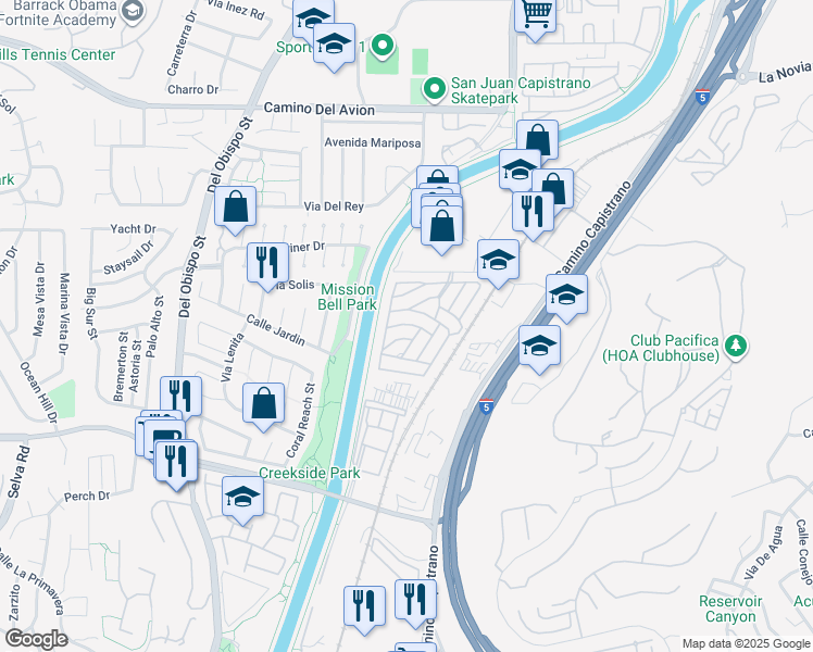 map of restaurants, bars, coffee shops, grocery stores, and more near 130 Caoba Road in San Juan Capistrano