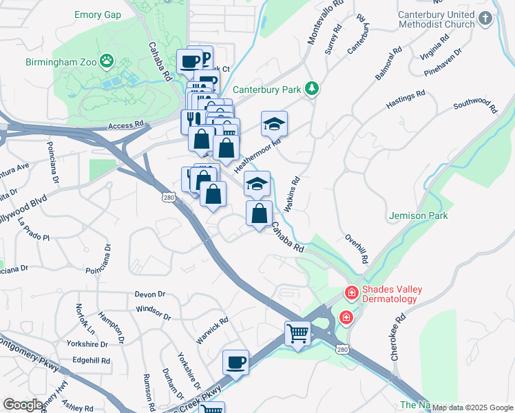map of restaurants, bars, coffee shops, grocery stores, and more near in Mountain Brook