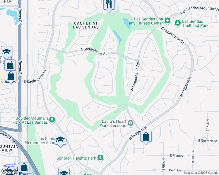 map of restaurants, bars, coffee shops, grocery stores, and more near 7365 East Rochelle Circle in Mesa