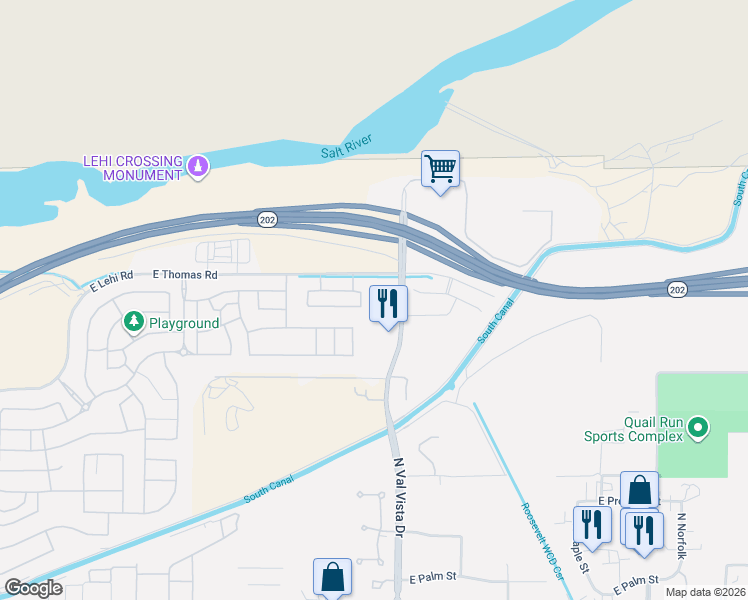 map of restaurants, bars, coffee shops, grocery stores, and more near 3466 East Riverdale Street in Mesa