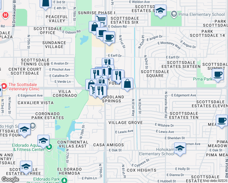map of restaurants, bars, coffee shops, grocery stores, and more near 8055 East Thomas Road in Scottsdale