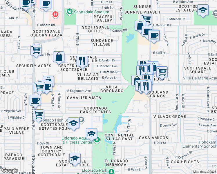 map of restaurants, bars, coffee shops, grocery stores, and more near 7658 East Edgemont Avenue in Scottsdale