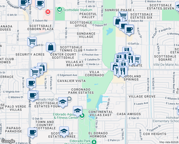 map of restaurants, bars, coffee shops, grocery stores, and more near 7658 East Edgemont Avenue in Scottsdale