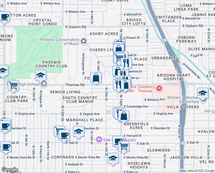 map of restaurants, bars, coffee shops, grocery stores, and more near 1445 East Thomas Road in Phoenix