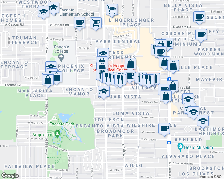 map of restaurants, bars, coffee shops, grocery stores, and more near 521 West Thomas Road in Phoenix
