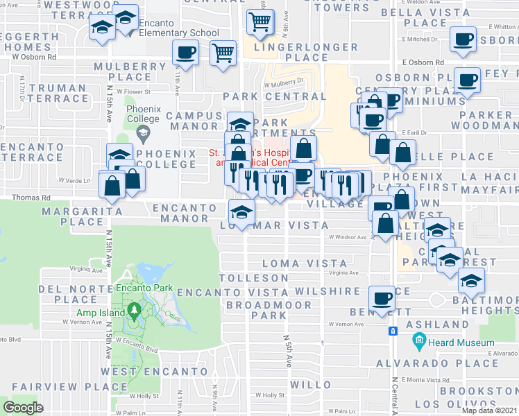 map of restaurants, bars, coffee shops, grocery stores, and more near 521 West Thomas Road in Phoenix