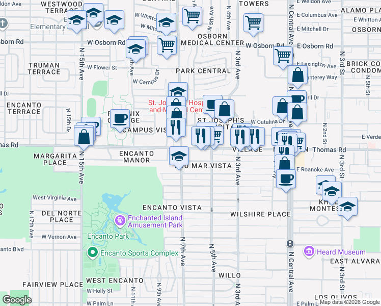 map of restaurants, bars, coffee shops, grocery stores, and more near 521 West Thomas Road in Phoenix