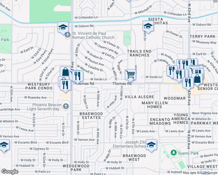 map of restaurants, bars, coffee shops, grocery stores, and more near 4905 West Thomas Road in Phoenix